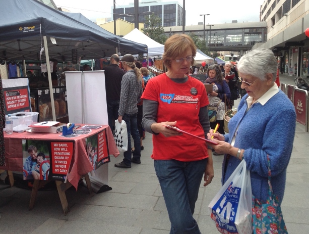 Collecting signatures in Wollongong on 8 August to protest against the privatisation of ADHC medium