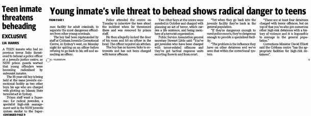 Teen inmate threatens beheading - The Sunday Telegraph - February 19 2017 small