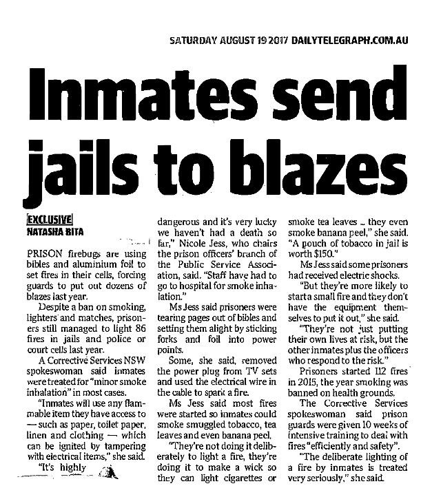 Inmates send jails to blazes - The Daily Tele 19 August 2017small