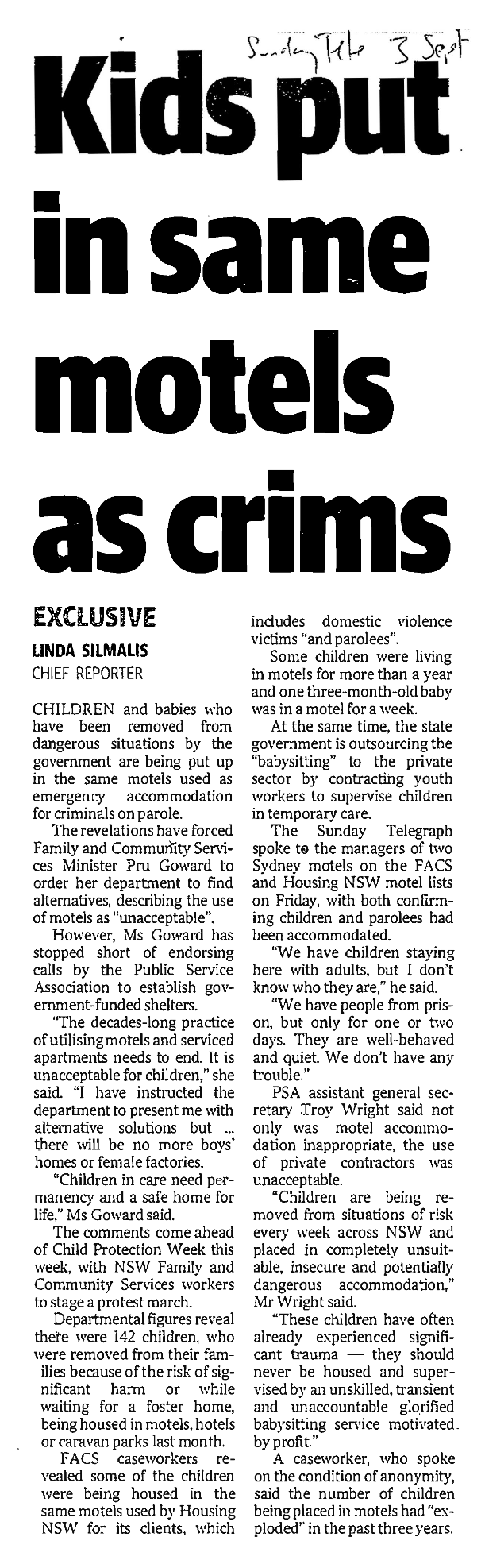 Kids put in same motels as crims - The Sunday Tele 3 September 2017 small