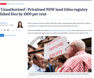 Privatised NSW Land Titles Registry hiked fees by 1900 per cent